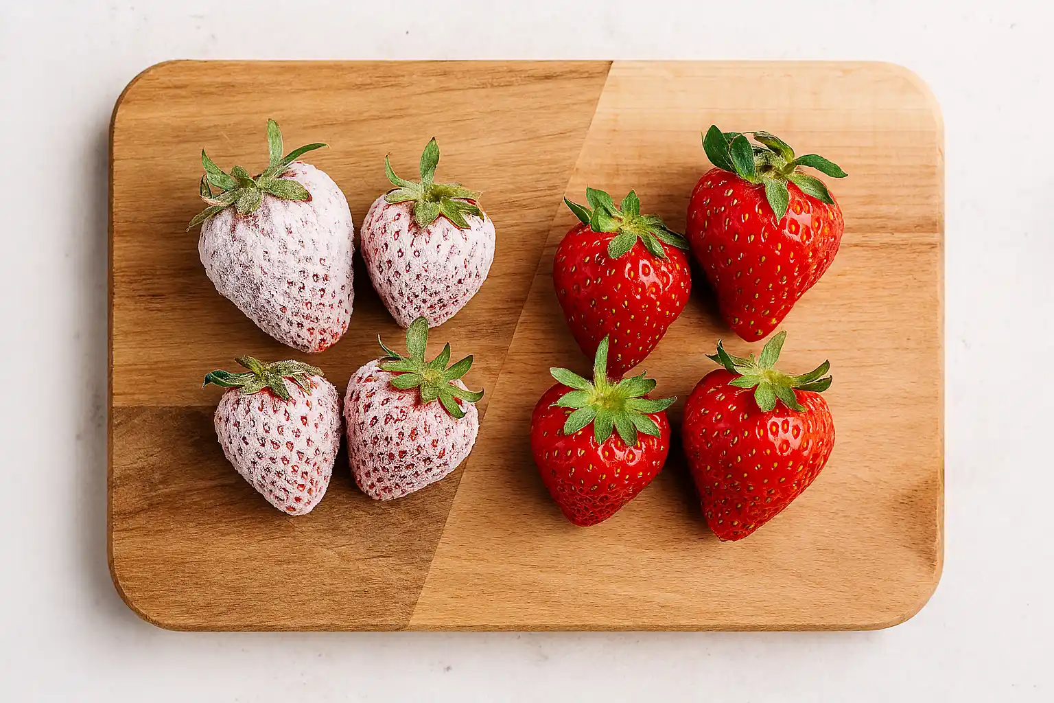 Morangos frescos ao lado de morangos congelados em tigela