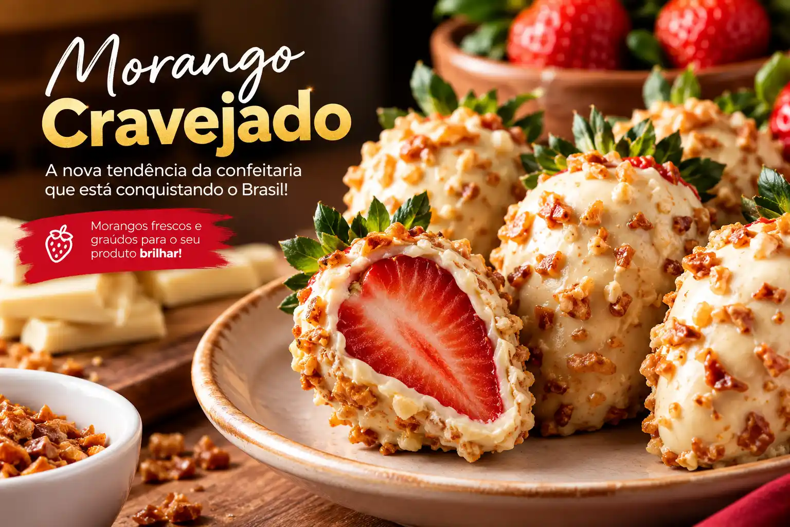 Morango Cravejado: a nova tendência da confeitaria que valoriza morangos frescos e graúdos.
